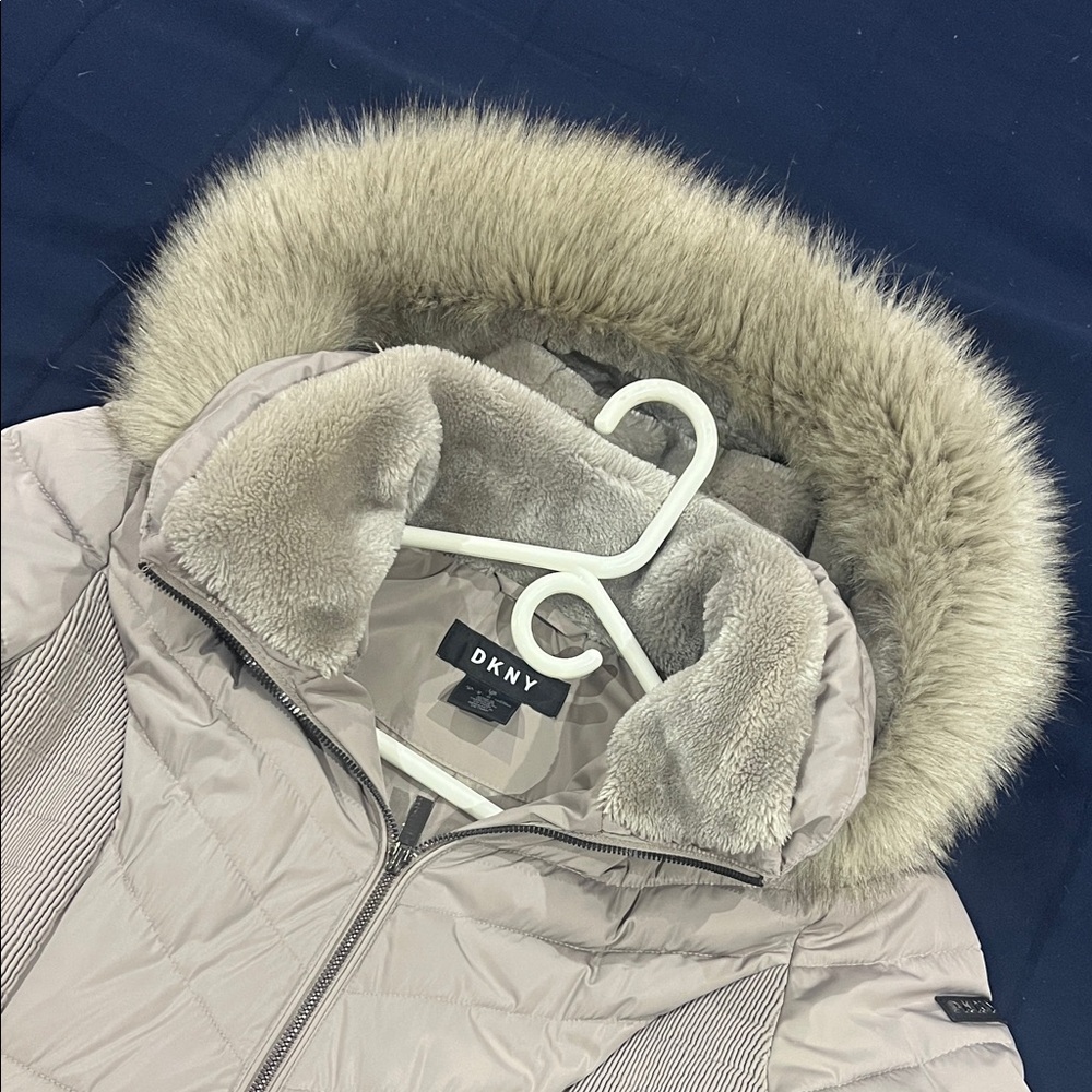 DKNY Light Tan Quilted Jacket with Faux Fur Trim